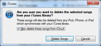 Deleting tracks that are on the cloud requires an iTunes dialog that asks whether you want to delete the song from iCloud.